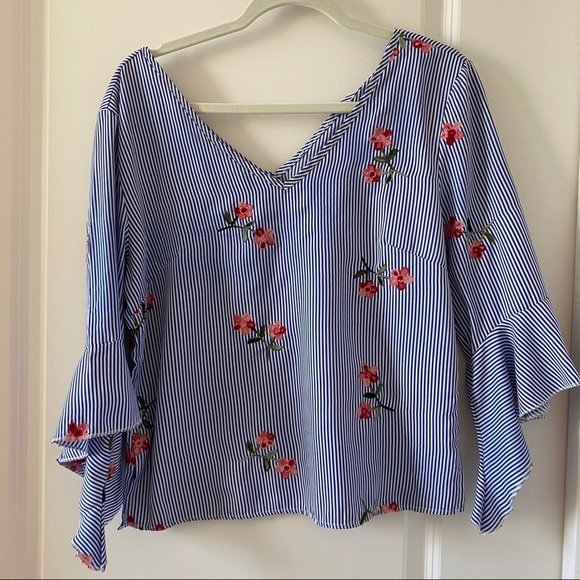 Striped flower blue & white v-neck long sleeve top - Picture 1 of 7